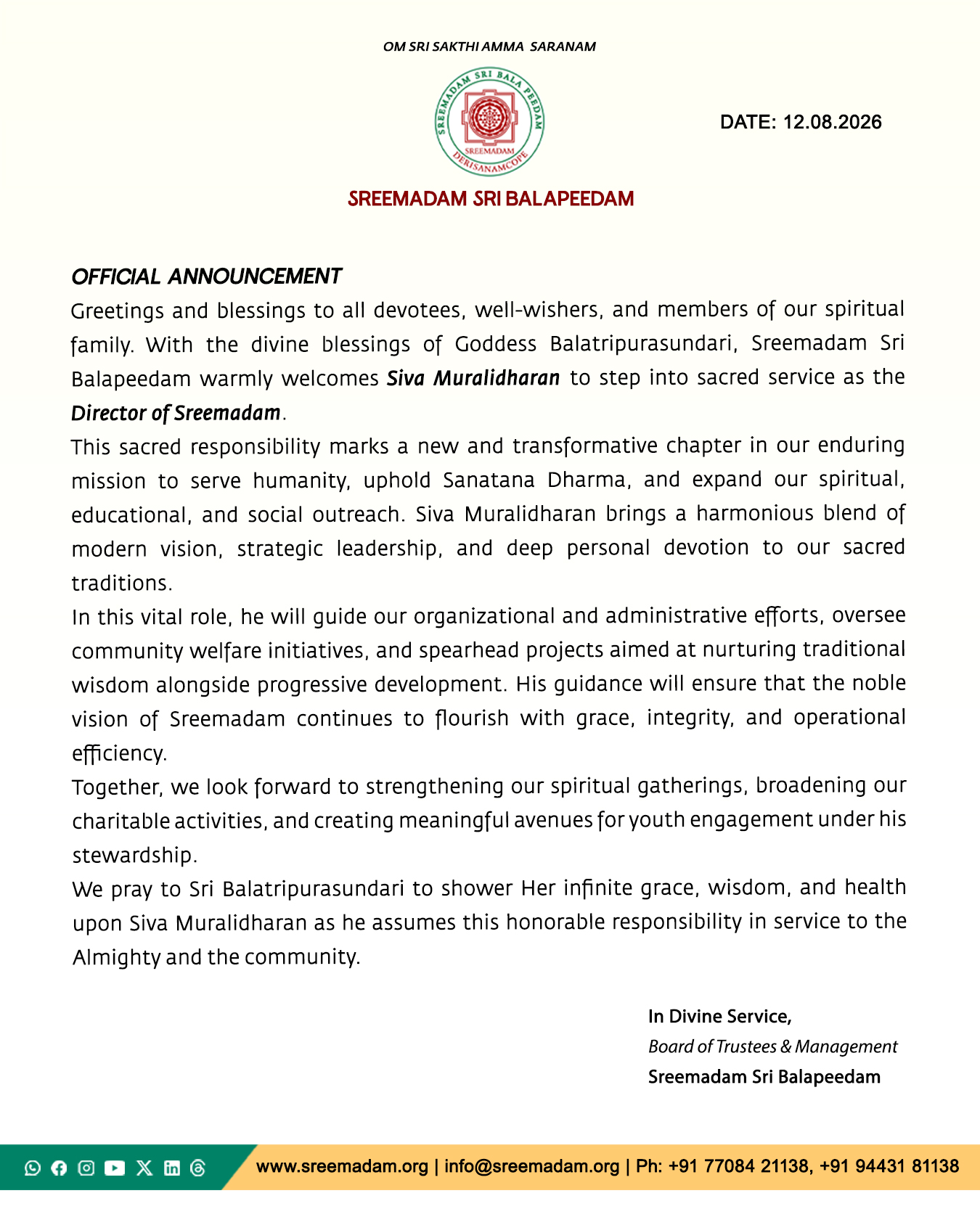 Official Announcement: Appointment of Siva Muralidharan as Director of Sreemadam