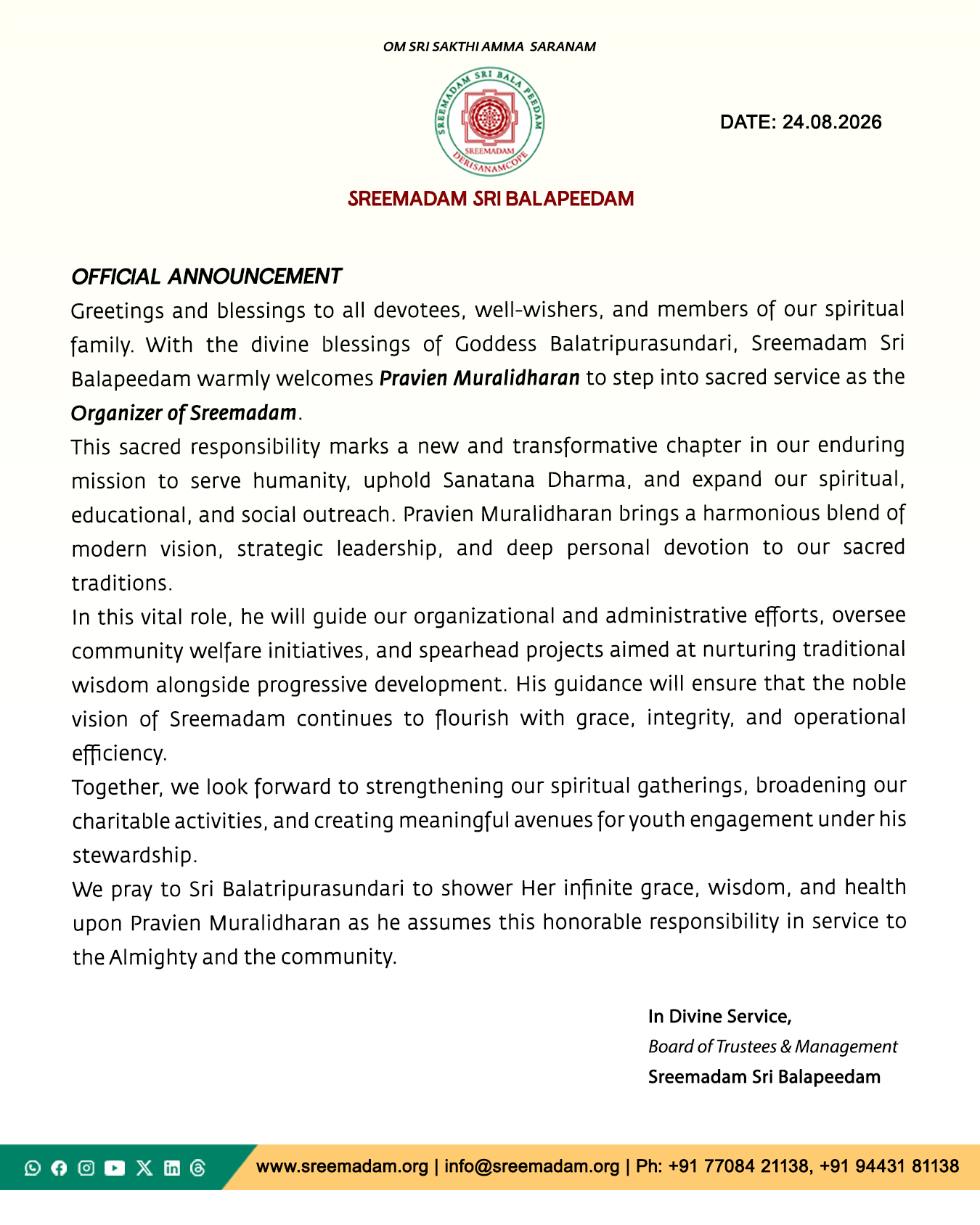 Official Announcement: Appointment of Pravien Muralidharan as Organizer of Sreemadam