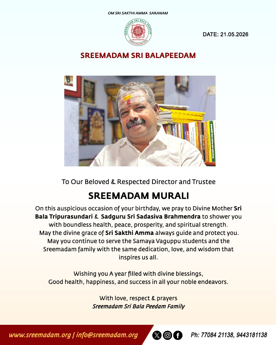 Birthday Wishes to Our Beloved Director and Trustee, Sreemadam Murali